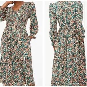 J. Crew long sleeve smocked midi dress Size L in Old forest coral